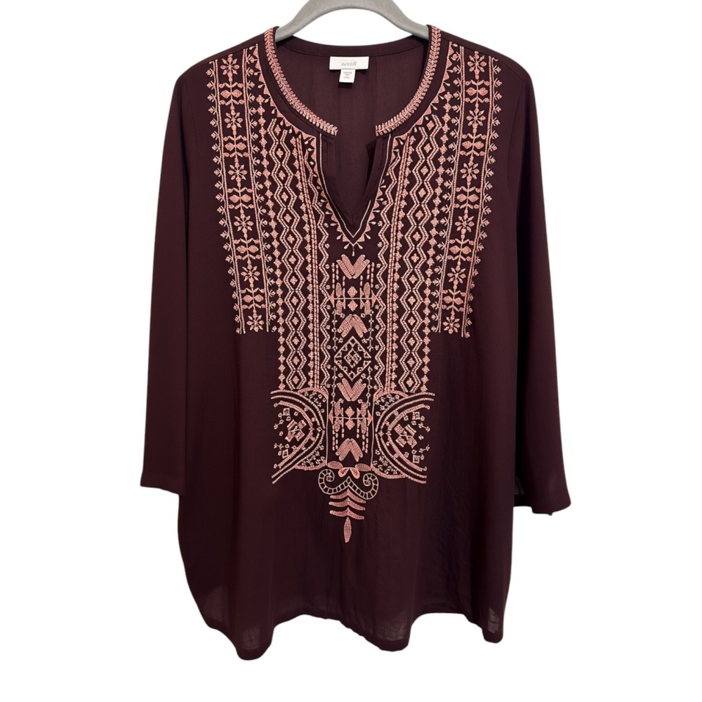 Pure Jill Tunic Top Womens Medium Petite Burgundy Boho Embroidered Peasant Shirt - Picture 3 of 12